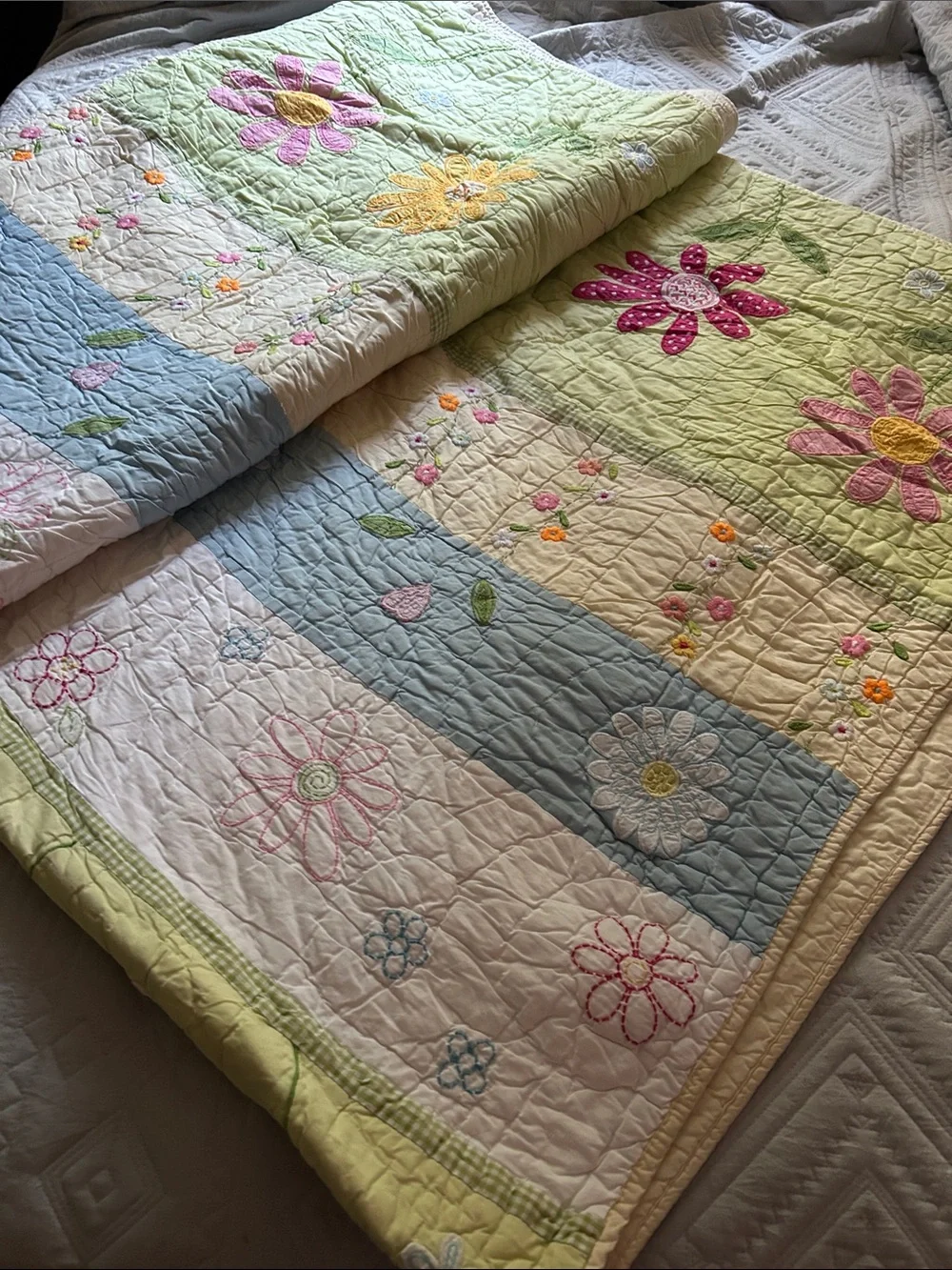 Pottery Barn Kids Daisy Flower Garden Pastel  Floral Embroidery  Appliqué Quilt
